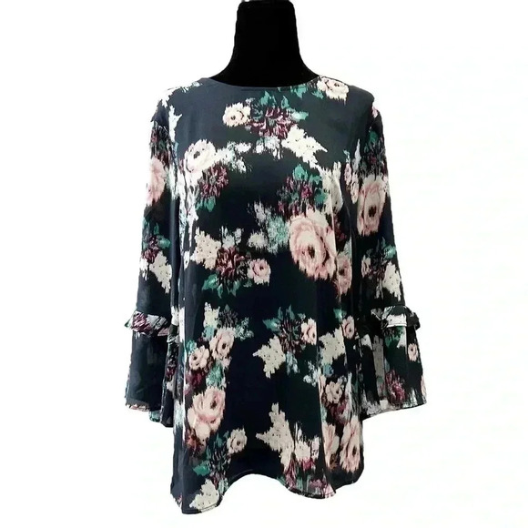 DR2 Blouse Sheer Ruffle Sleeve Bohemian Dark Floral Flowy Blue Size Small - Picture 1 of 14